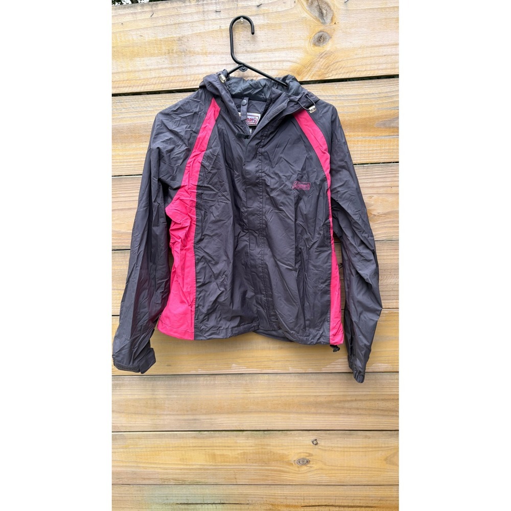 Coleman Womens Hooded Windbreaker Jacket Grey Pink Full Zip Nylon Shell S/M 8695